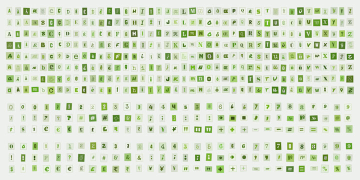 Alphabet en lettres decoupees style collage vert, ensemble de caracteres typographiques pour design graphique, affiche et message ransom note