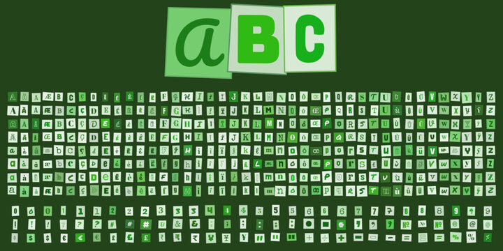 ABC alphabet vert et chiffres sur fond sombre, ensemble de caracteres typographiques pour design graphique, education et projets creatifs