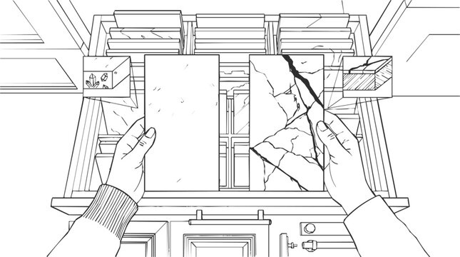 Hand-drawn sketch of a person's hands making a selection for interior design, comparing material samples and choosing tiles for a home renovation
