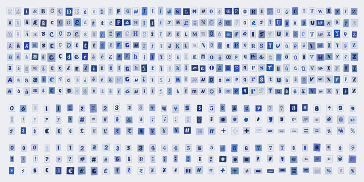 Lettres decoupees style lettre de rancon, alphabet complet et chiffres pour design graphique, typographie collage papier pour affiche