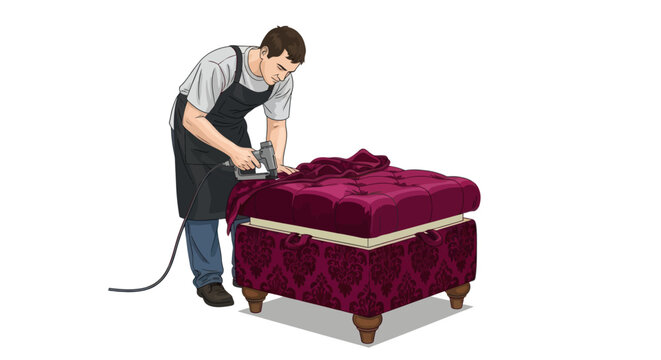 Upholsterer Working on Tufted Ottoman Vector Illustration
