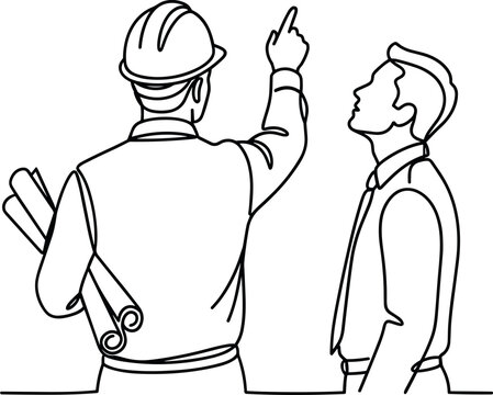 Continuous line drawing of an engineer and a client discussing construction project plans.
