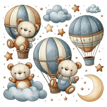 Hot air balloon nursery wall sticker collection, cute teddy bears flying in balloons with clouds, stars and moon, watercolor hand drawn illustration, isolated on white.