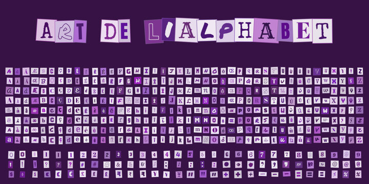 ART DE L'ALPHABET, alphabet de lettres decoupees style lettre anonyme, typographie violette pour design graphique et collage creatif