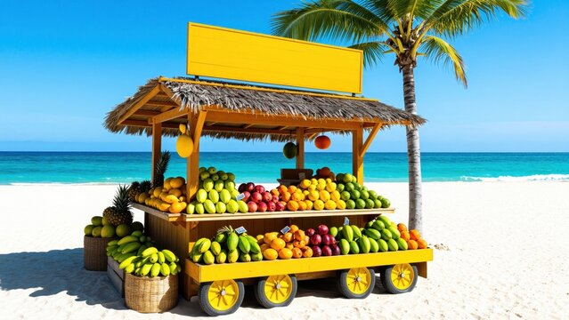 Tropical Fruit Stand Paradise: A vibrant fruit stand overflowing with fresh, colorful produce sits on a pristine white sand beach under a clear blue sky.