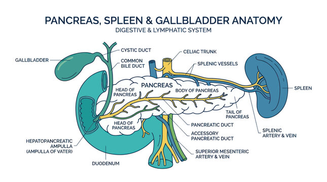 Pancreas, Spleen, Gallbladder Anatomy Chart - Digestive & Lymphatic System