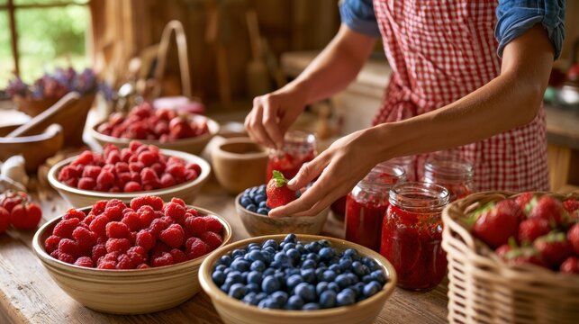 Preparing and preserving wild berries in rustic kitchen setting. Fresh seasonal harvest, homemade berry processing and natural food preservation concept