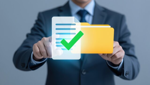 Approved Document and Folder: A businessman in a suit displays a digital document with a green checkmark and a yellow folder, symbolizing approval and organized data.