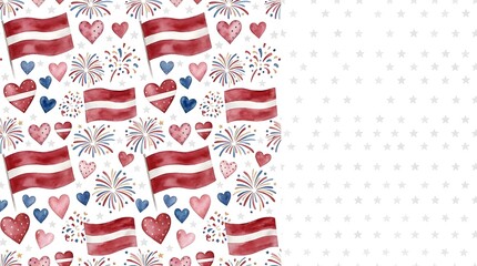Fototapeta premium Patriotic watercolor pattern with flags hearts and fireworks