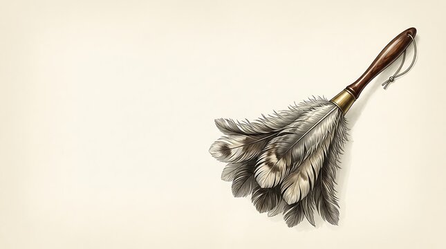 Vintage feather duster with wooden handle on neutral background