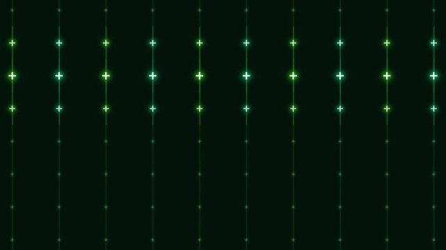 Cascading Green Glowing Plus Symbols on Vertical Matrix Grid Background Loop