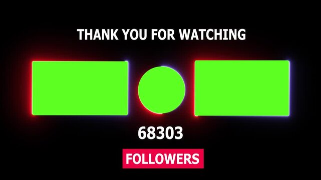 You tube end screen template with green screen placeholders and animated follower counter for channel outro and social media branding