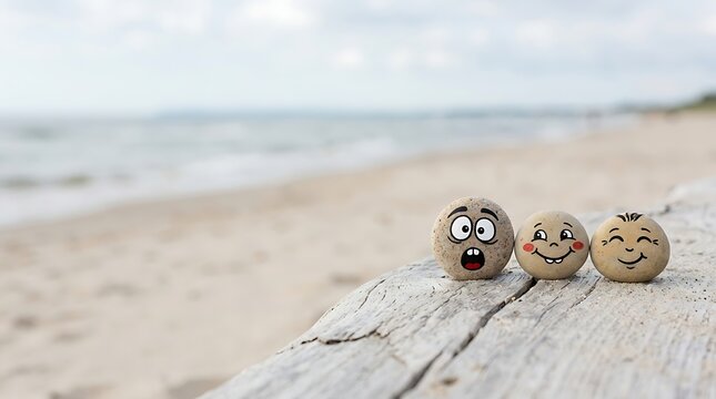 Painted emoji stones on beach driftwood with ocean background