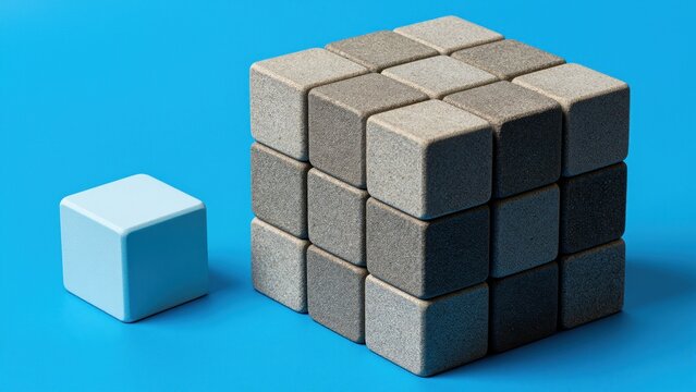 The Unfinished Puzzle: A geometric arrangement of grey cubes stands incomplete next to a solitary blue cube, symbolizing a challenge, a missing piece, or an idea waiting to be integrated.