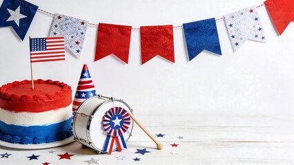 Obraz premium Patriotic Fourth of July Celebration Background with American Flag Cake, Bunting and Party Decorations