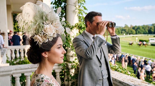 Elegant couple watching a horse race during Grand Week in Baden-Baden