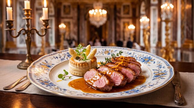 French canard a l'orange served at a luxury Versailles Baroque festival dinner.