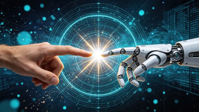 Human hand touching robotic finger with glowing light effect, futuristic connection between man and machine, cyborg technology concept, ai evolution, digital transformation