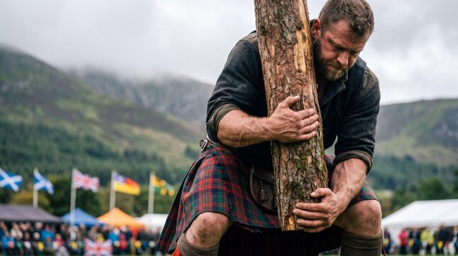 Scottish athlete lifting a caber during traditional Braemar Gathering games