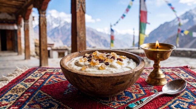 Traditional Tibetan yak milk yogurt with raisins and butter lamp in Himalayas