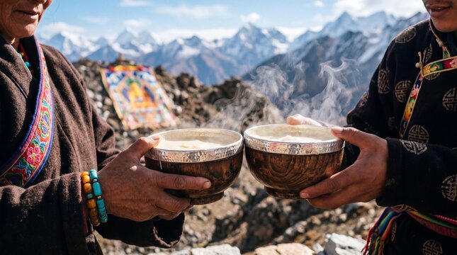 Tibetan people holding steaming bowls of hot yak butter tea in the Himalayas