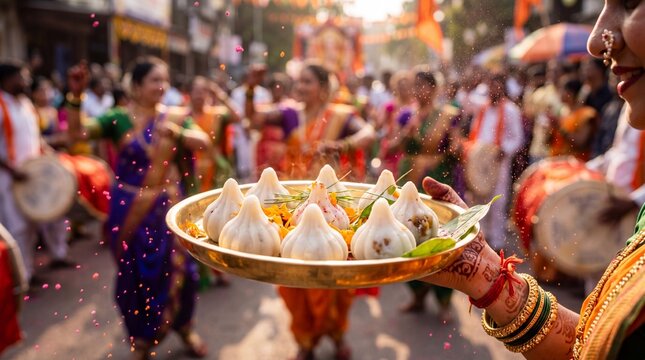 Traditional modak sweets on a brass plate during Ganesh Chaturthi celebration.