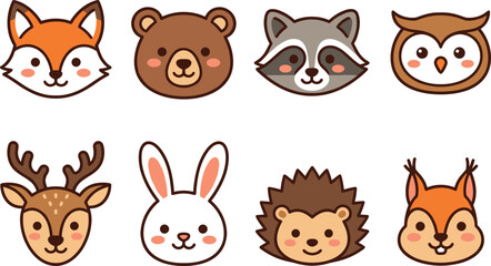 Obraz premium Set of cute forest animal faces for kids design.