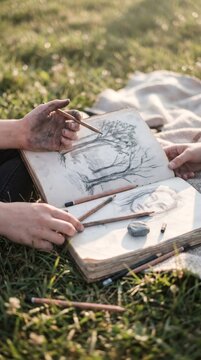 Dirty hands holding open sketchbook with charcoal drawings on green grass, outdoor artistic process and creative hobby concept