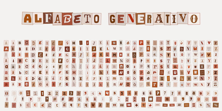 Alfabeto Generativo, set di caratteri tipografici in stile collage per design creativo, grafica editoriale e progetti di comunicazione
