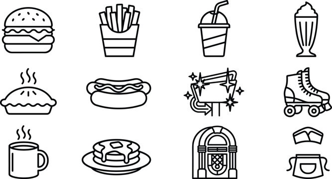 Set of 50s Retro American Diner Food and Lifestyle Icons.