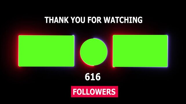 You tube end screen template with green screen placeholders and follower counter animation for channel outro and social media growth