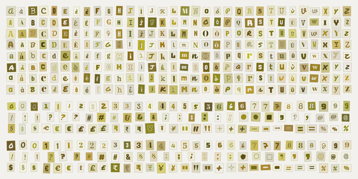 Lettere e numeri stile collage ritagliati da giornale, set di caratteri tipografici per design creativo, scrapbooking e messaggi anonimi