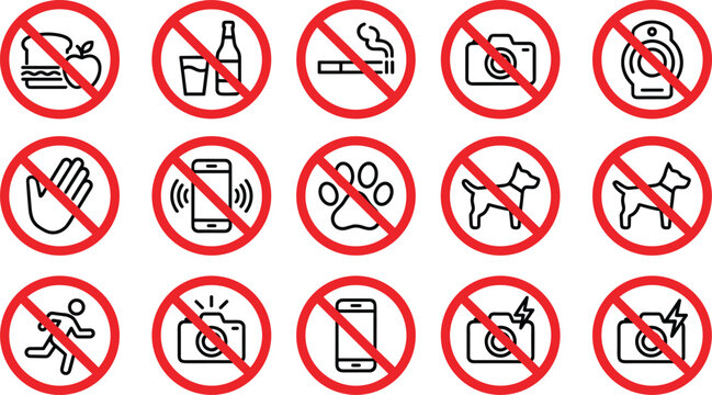 Collection of prohibition signs and forbidden activity icons.