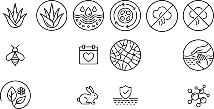 Set of minimalist linear beauty and skincare product feature icons.