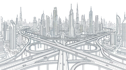 Fototapeta premium Futuristic city skyline with complex highway interchange skyscrapers