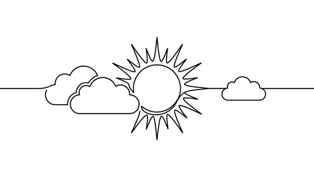 Continuous single line drawing of sun and clouds in the sky.