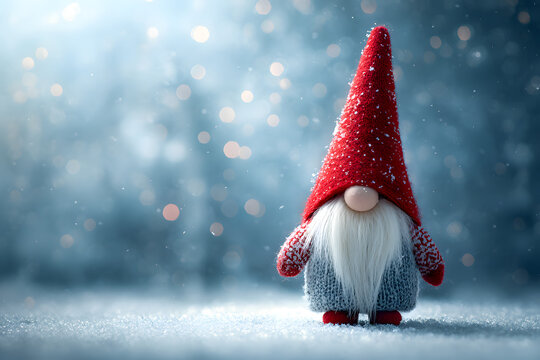 Christmas gnome in a big red hat with a white beard on a blue background.