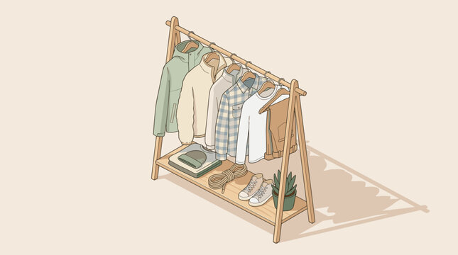 Minimalist Clothes Rack with Organized Wardrobe Essentials and Accessories in Soft Hues and Gentle Shadows
