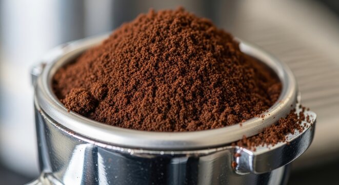 Freshly Ground Coffee in a Portafilter Ready for Espresso Brewing.