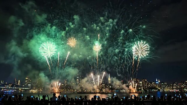 Vibrant Fireworks Display with Happy Birthday Toast Celebration