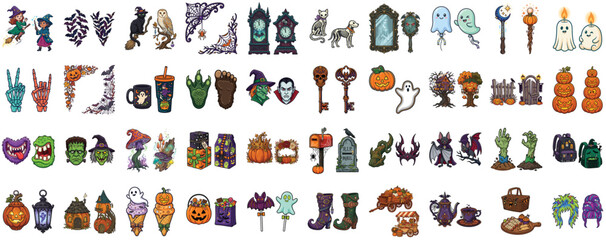 Obraz premium Collection of Spooky Halloween Theme Pixel Art Icons and Festive Seasonal Illustrations