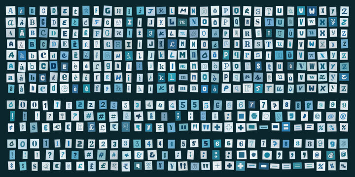 Lettere ritagliate stile riscatto alfabeto completo numeri e simboli per design grafico creativo e messaggi anonimi