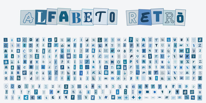 Alfabeto Retro, set di lettere e numeri in stile collage vintage per design grafico, poster creativi, scrapbooking e progetti editoriali