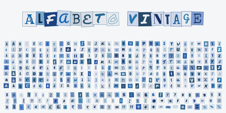 Alfabeto Vintage, set completo di lettere e numeri in stile ritaglio di giornale per design grafico, collage creativo e tipografia retr&ograve;