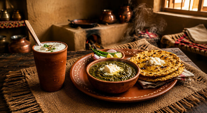 Traditional Punjabi Sarson da Saag and Makki di Roti served with butter in a rustic village setting.