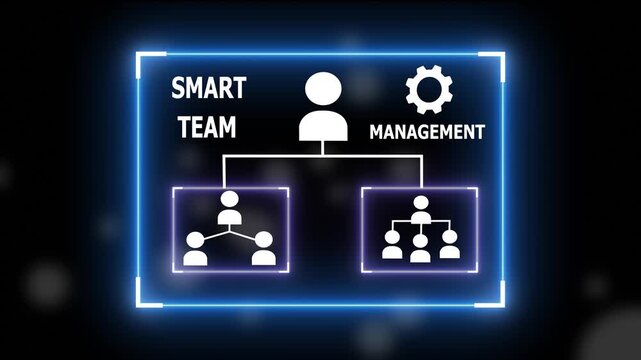 Dynamic futuristic smart team management organizational chart with glowing blue neon interface showing hierarchical structure and leadership concept.4k background animation