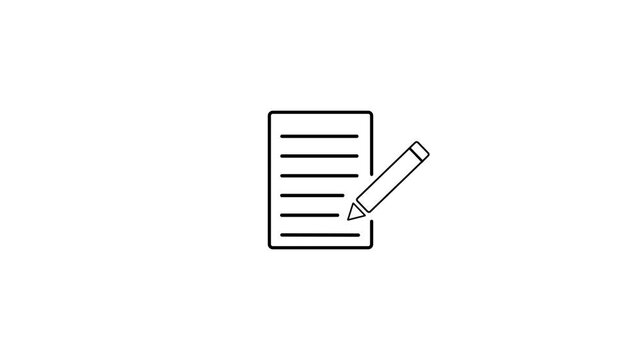 Black outline icon of a document with lines and a pencil on a white background paper writing