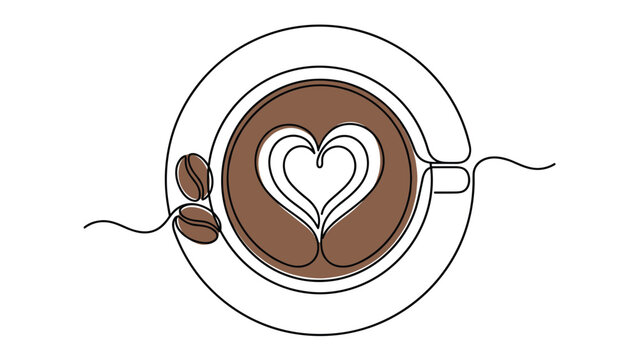 Continuous line art of a cup of coffee with latte art heart.
