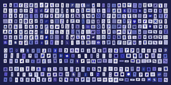 Lettere e numeri stile riscatto ritagliati da giornali, set di caratteri tipografici per design grafico creativo e messaggi anonimi