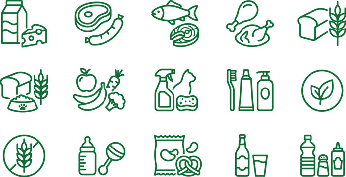 Set of grocery and supermarket shopping icons in thin line style.